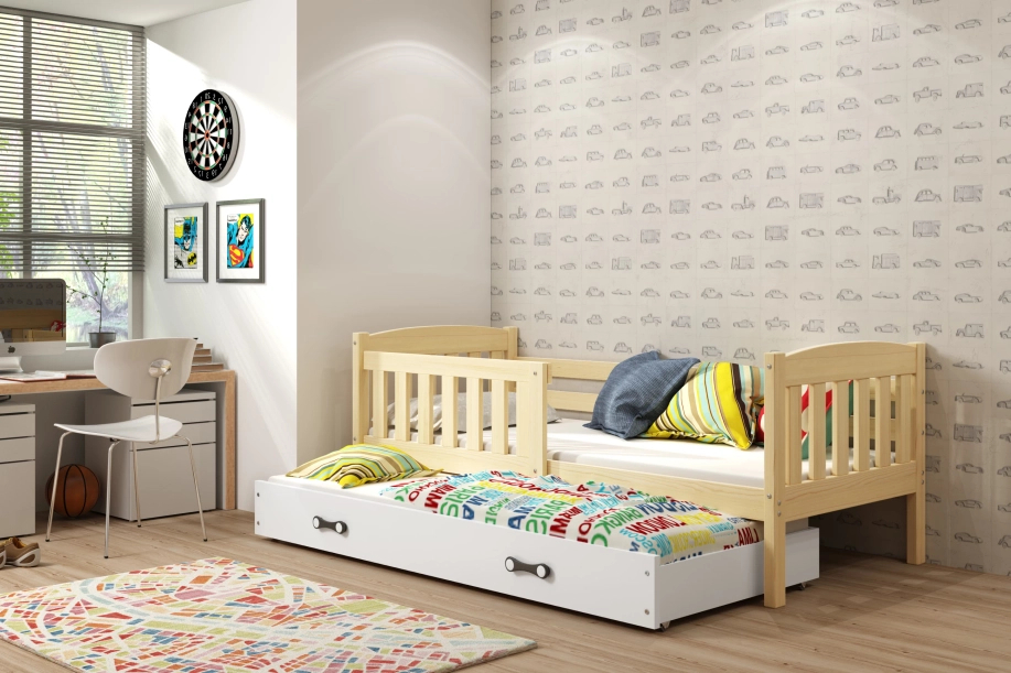 Lit ado gigogne Jacquot 90X200 avec matelas et tiroir, pin/blanc