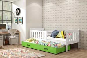 Lit ado gigogne Jacquot 90X200 avec matelas et tiroir, blanc/vert
