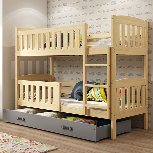 Lit ado superposé Jacquot 90X200 avec matelas et tiroir, pin/gris