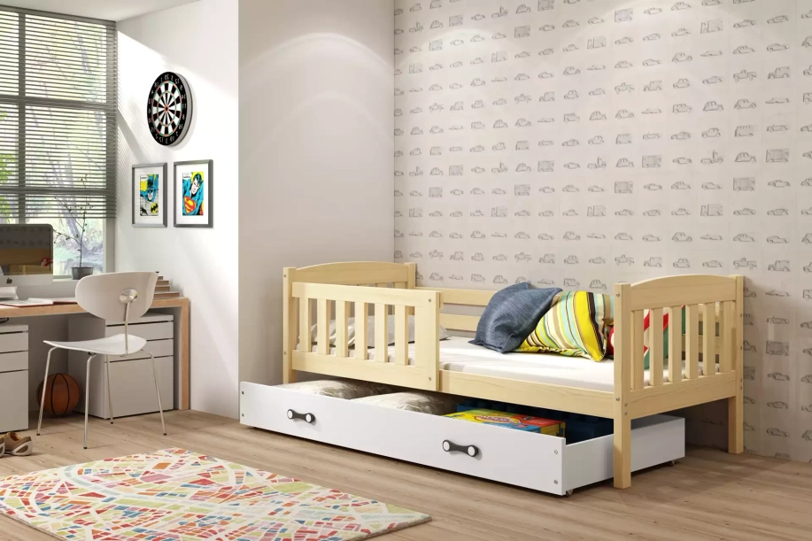 Lit ado simple Jacquot 90X190 avec matelas et tiroir, pin/blanc