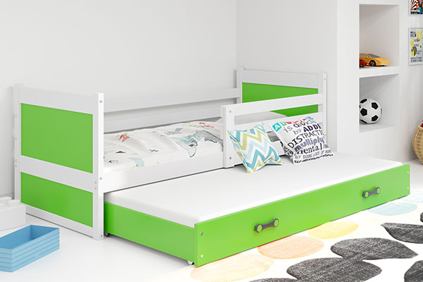 Lit ado gigogne Rico 90x200 avec matelas et tiroir, blanc/vert