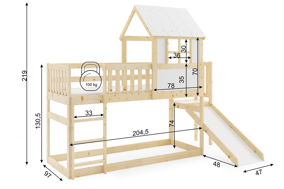 Lit mezzanine avec toboggan – cabane en bois naturel 90x200