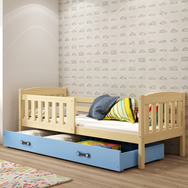 Lit ado simple Jacquot 90X200 avec matelas et tiroir, pin/bleu