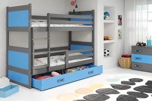 Lit ado superposé Rico 90X200 avec matelas et tiroir, gris/bleu