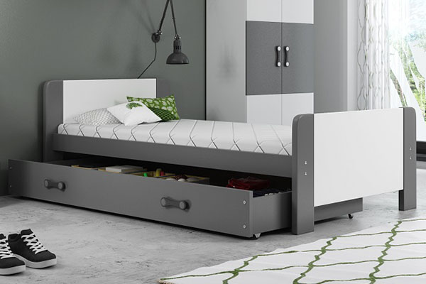 Lit ado simple Darek 80X200 avec matelas et tiroir, gris